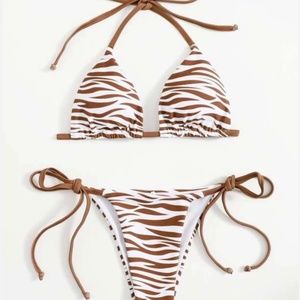 Zebra Striped Halter Tie Side Bikini Swimsuit | SHEIN
